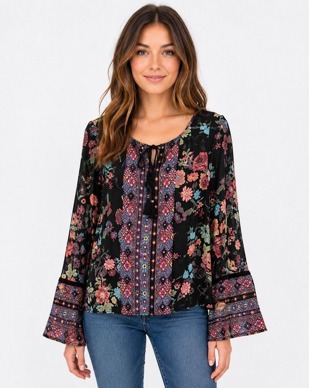 American Rag Cie Boho Floral Peasant Blouse Womens Small Black Bell Sleeve